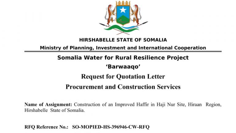 Request Qoutation for Construction of an Improved Haffir in Raage Elle Site, Middle Shabelle  Region, Hirshabelle  State of Somalia .