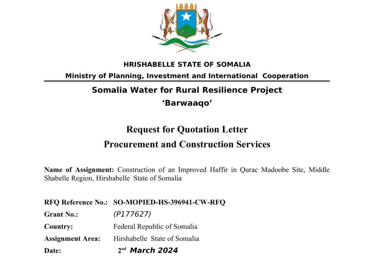 Request Quotation for Construction of an Improved Haffir in Qurac Madoobe Site, Middle Shabelle  Region, Hirshabelle  State of Somalia,